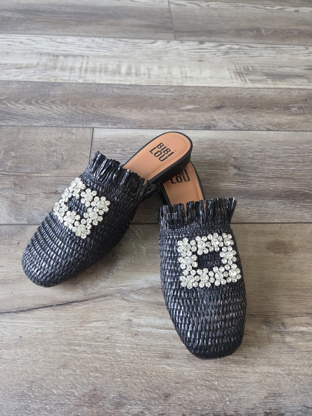 Bibi Lou Black Rafia Mules With Crystal-Embellishment